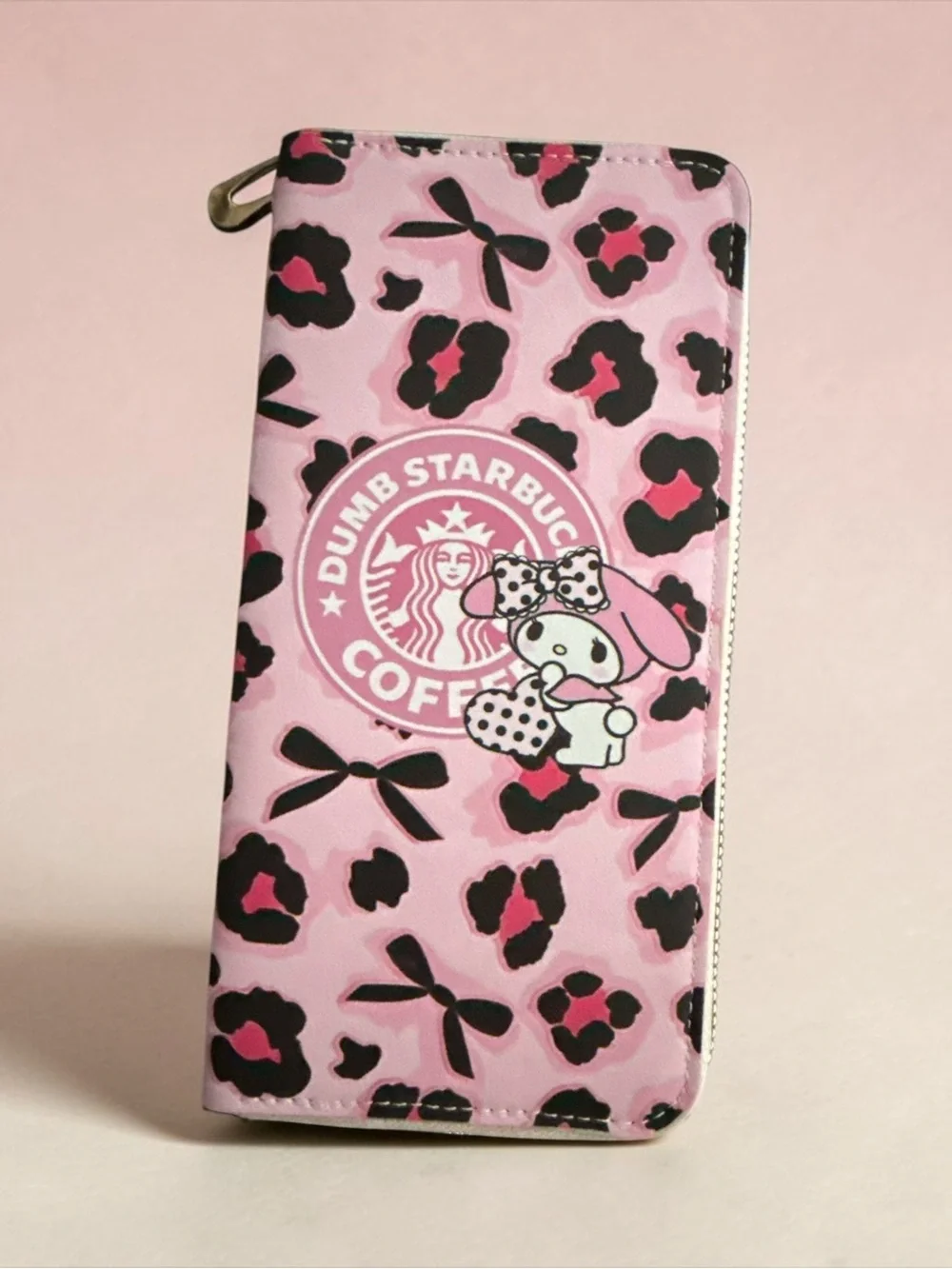 Pink Leopard Print Zip Wallet with Cute Character Accent